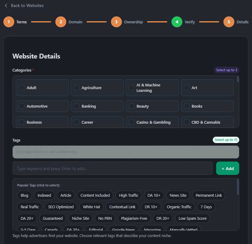 Categories and tags selection
