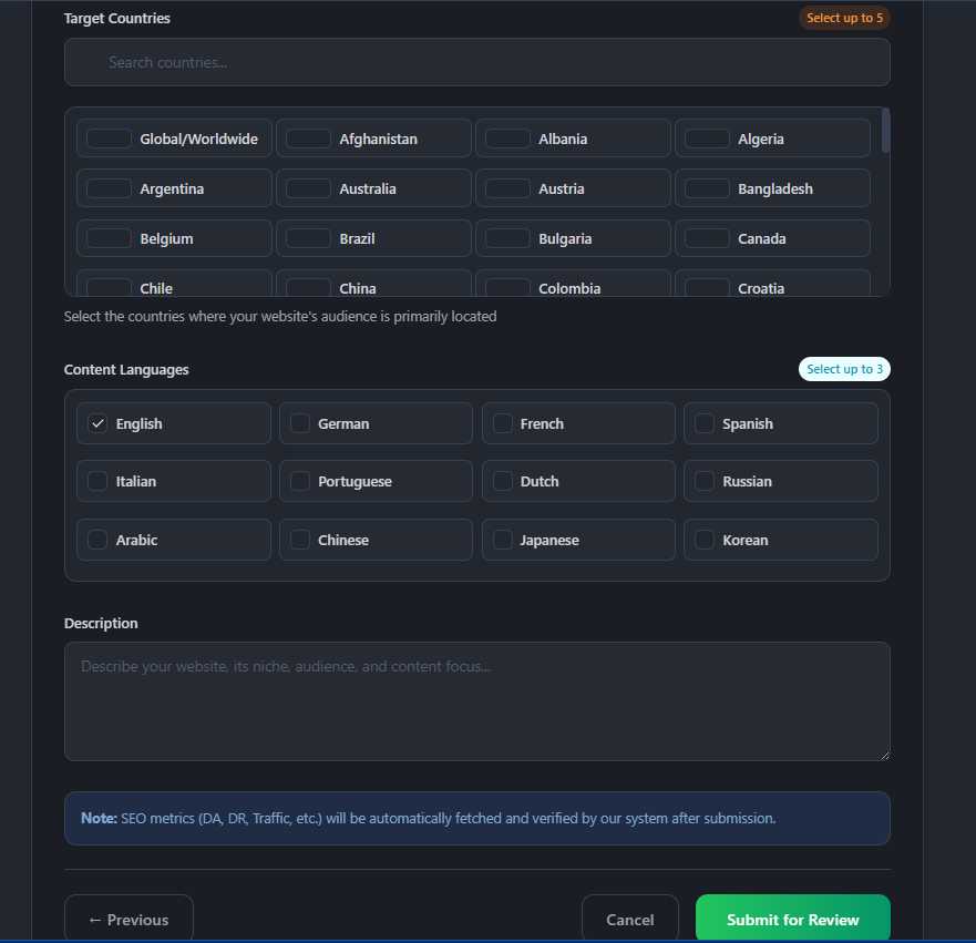 Language and country selection